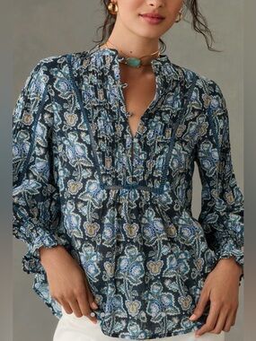 By Anthropologie Henley Peasant Blouse 100% Cotton Blue Floral Print Size M Boho